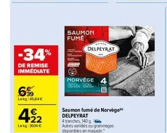 -34%  de remise immediate  39 lekg: 45,64€  422  lekg: 30,14 €  saumon fume  delpeyrat  norvège 4  4 tranches, 140 g b autres variétés ou grammages disponibles en magasin.  saumon fumé de norvège delp