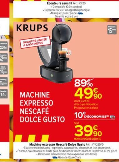 Ecouteurs sans fil Re: KS120 Compatible IOS et Android Répondre/rejeter un appel téléphonique Musique: jouer/pause Garantie légale 2 ans  KRUPS  QUANTITÉ LIMITÉE A6000 PIECES  MACHINE EXPRESSO  NESCAF