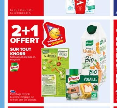 6x2L6x1,5L6x1L 6x50 d ou 8 x 33 d.  2+1  OFFERT  SUR TOUT KNORR  Selon disponibilités en magasin  Know  Panachage possible  La remise s'applique sur le moins cher des produits.  1 chance en + de gagne