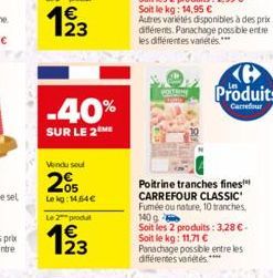 -40%  SUR LE 2  Vendu sout  205  Le kg: 14,64€ Le 2 produt  1/23  POITRINE  Poitrine tranches fines CARREFOUR CLASSIC Fumée ou nature, 10 tranches, 140 g Soit les 2 produits: 3,28 €. Soit le kg: 11,71