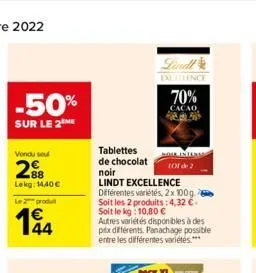 -50%  sur le 2 me  vendu sou  288  lekg: 1440€  le produ  lindt  excellence  70%  cacao  tablettes de chocolat noir lindt excellence différentes variétés, 2x 100g soit les 2 produits: 4,32 € soit le k