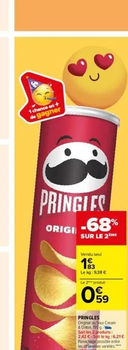 1 chance en + de gagner  3  pringles  origi  -68%  sur le 2 me  vendu seul  19  le kg: 9,38 €  le 2 produit  09  pringles original ou sour cream  & onion, 1959. soit les 2 produits: 2,42 €-soit le kg: