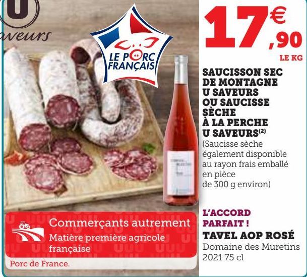 SAUCISSON SEC DE MONTAGNE U SAVEURS OU SAUCISSE SECHE A LA PERCHE U SAVEURS