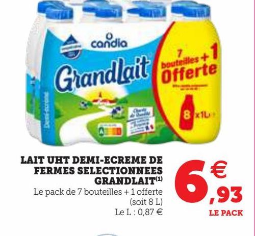 LAIT UHT DEMI-ECREME DE FERMES SELECTIONNEES GRANDLAIT