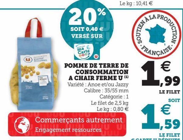 POMME DE TERRE DE CONSOMMATION A CHAIR FERME U 