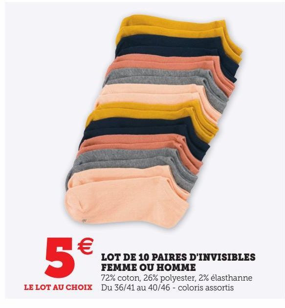 LOT DE 10 PAIRES D'INVISIBLES FEMME OU HOMME