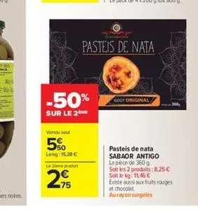 vendu soul  5%  lekg: 15.28 €  le 20me produt  29  75  -50%  sur le 2  young  pasteis de nata  gout original  364,  pasteis de nata sabaor antigo la pièce de 360 g soit les 2 produits: 8,25 € soit le 