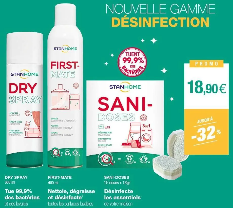 first- stanhome mate  dry spray  spray sec desinfectant  spray a secco dinfetante  spray seco desodorizante  desinfectante  dry spray 300 ml  stanhome  mousse desinfectante et νεπτουάντε  pulitore  di