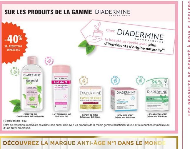 SUR LES PRODUITS DE LA GAMME DIADERMINE  LABORATOIRES  -40%  DE REDUCTION IMMEDIATE  99 %  DIADERMINE  www.in  Essentiel BIO  ESSENTIEL BIO Eau Micellaire Rafraichissante  96%  DIADERMINE  cittarms  L