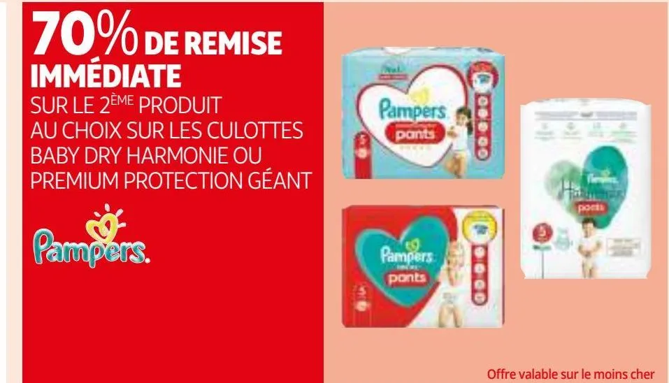 70% de remise immédiate sur le 2ème produit au choix sur les culottes baby dry harmonie ou premium protection géant