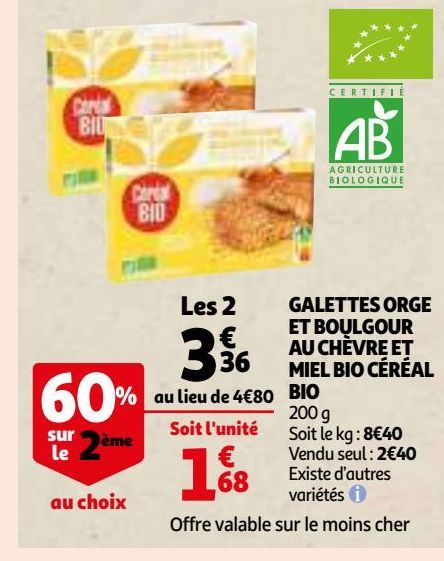 GALETTES ORGE ET BOULGOUR AU CHÈVRE ET MIEL BIO CÉRÉAL BIO