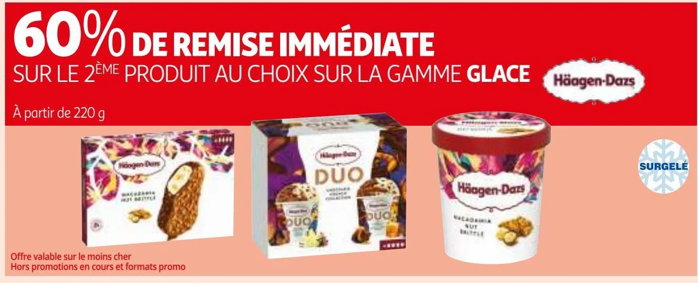 60% de remise immédiate sur le 2ème produit au choix sur la gamme glace