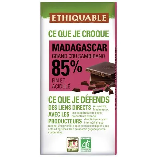 chocolat noir 85% madagascar bio ethiquable