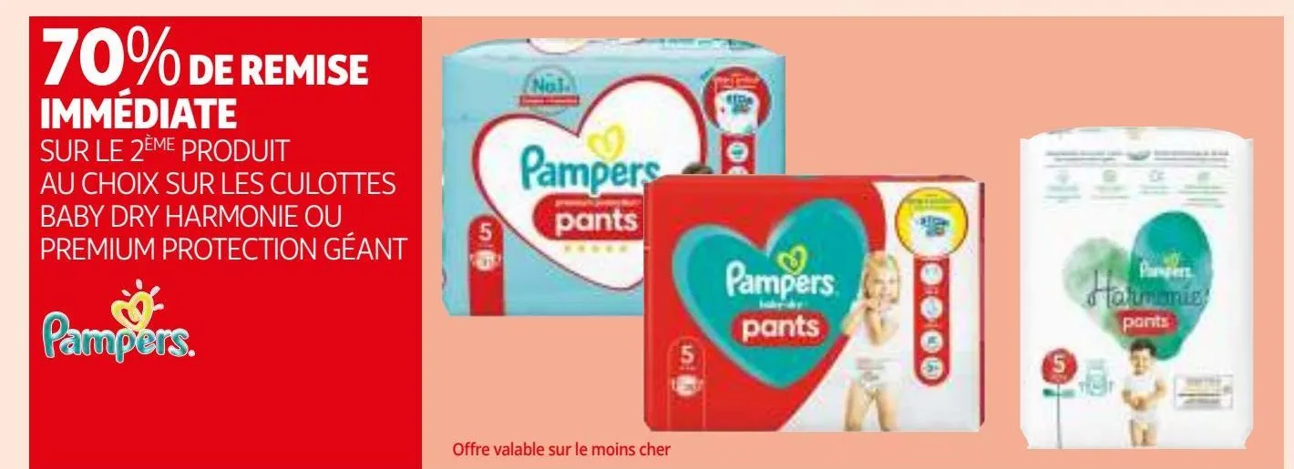 70% de remise immédiate sur le 2ème produit au choix sur les culottes baby dry harmonie ou premium protection géant