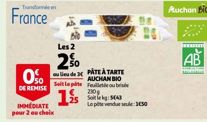 PÂTE À TARTE AUCHAN BIO