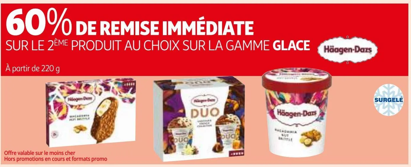 60% de remise immédiate sur le 2ème produit au choix sur la gamme glace