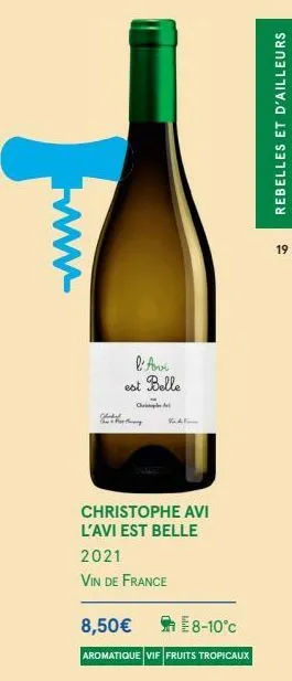 l'ave est belle  c  kal  christophe avi l'avi est belle  2021  vin de france  8,50€  aromatique vif fruits tropicaux  e8-10°c  rebelles et d'ailleurs  19 