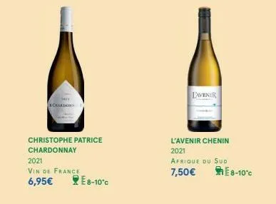 chardon  christophe patrice  chardonnay  2021  vin de france  6,95€  e8-10°c  lavenir  l'avenir chenin  2021  afrique du sud  7,50€  e8-10°c 