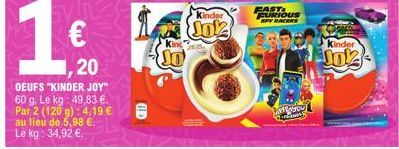 OEUFS "KINDER JOY" 60 g. Le kg: 49,83 €. Par 2 (120 g): 4,19 € au lieu de 5,98 € Le kg: 34,92 €  Kinder  Jok  FAST FURIOUS SPY RACERS  AFFRAYOU Comer  Kinder  Jok 