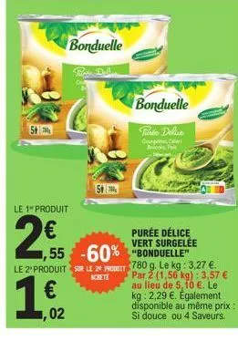 bonduelle  le 1" produit  2€  1,55 -60%  bonduelle  courgettes, cer  brocols por  purée délice vert surgelée  "bonduelle"  le 2' produit sur le 2 prt 780 g. le kg: 3,27 €.  1,€120  par 2 (1,56 kg): 3,