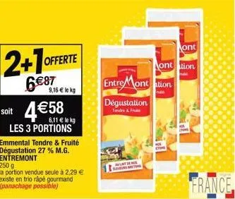 offerte  6€87  9,16 € le kg  soit 4€58  6,11 € le kg les 3 portions  emmental tendre & fruité dégustation 27% m.g. entremont  250 g  la portion vendue seule à 2,29 € existe en trio râpé gourmand (pana