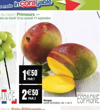 par 1  mangue variété kent/osteen, cat. 1, cal. 8.  ongine  espagne 