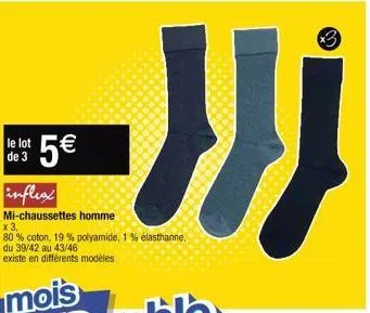 le lot de 3  (11)  influx  mi-chaussettes homme  5€  x 3, 80 % coton, 19 % polyamide, 1% elasthanne, du 39/42 au 43/46 existe en différents modèles  }}j i 