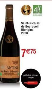 RIGINE  Set Nicolas de Bourgo  20  AB  Saint-Nicolas de Bourgueil Biorigine 2020  7 €75  grades, viandes rouges 
