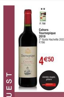 Tournepique  ME  CALORS  P. 786  Cahors Tournepique  2019  2* Guide Hachette 2022 P.786  4€50  viandes rouges gibiers 