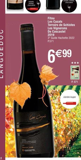 salades entrées charcuterie  EMIS EN B  MOU  Les Comple  wwww  CASCASTEL  Fitou Les Cazals Terroirs de Schistes Les Vignerons De Cascastel 2019  3* Guide Hachette 2022 P.571  6€99  P. 571  viandes rou