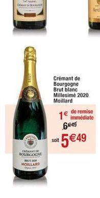 QAT BOURGO  CRÉMANT DE BOURGOGNE  MOILLARD  Crémant de Bourgogne Brut blanc Millesimé 2020  Moillard  1€  6€49  *5€49  soit  de remise immédiate 