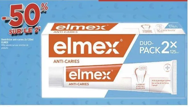 -50%  sur le 2  dentrifrice anti-caries 2x125ml elmex  offre valable sur une sélection de produits  elmex  elmex  anti-caries  anti-caries  elmex  anti-caries  fuorure davines olaflor  duo- pack2x  ai