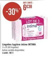 SOIT L'UNITE:  6038  LOT DE 3 Intima  Lingettes hygiène intime INTIMA 3x20 (60 lingettes) Autres variétés disponibles L'unité: 9611  3x20 lingettes intimes 