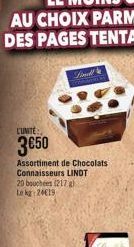 CUNITE  3650  Assortiment de Chocolats Connaisseurs LINDT 20 bouchées (217) Le kg 24€19 