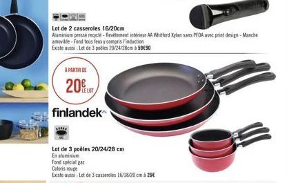 A PARTIR DE  20€  finlandek  Lot de 2 casseroles 16/20cm  Aluminium pressé recycle-Revetement intérieur AA Whitford Xylan sans PFOA avec print design - Manche amovible-Fond tous feux y compris l'induc