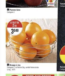 Pomme Gala Catégorie 1  LE FILET DE  2KG  3649  G Orange à Jus  Categorie 1. le filet de 2kg, variété Valencialate Lekg: 175  POMMES DE FRANCE 