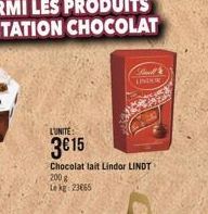 L'UNITE:  3€15  Chocolat lait Lindor LINDT 200 g Le kg 23065  Sand LINIKK 