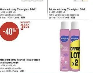 déodorant spray 0% original dove 2x 100 ml (200 ml)  astres variétés disponibles le litre: 29€35-l'unité: 978  -40%  soit l'unite:  3€52  déodorant spray fleur de lotus presque divine monsavon 2x200ml