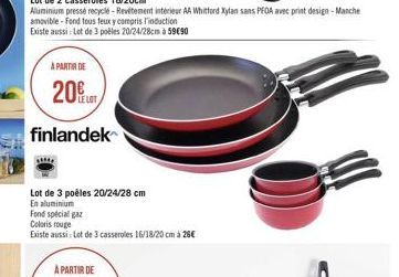 A PARTIR DE  20€  finlandek  Lot de 3 poêles 20/24/28 cm  En aluminium  Fond special gaz  Coloris rouge  Existe aussi: Lot de 3 casseroles 16/18/20 cm à 26€ 