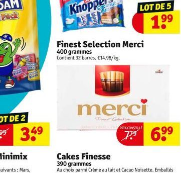 80643  de  douy  Finest Selection Merci 400 grammes Contient 32 barres. €14.98/kg.  merci  Finest Election.  PRIX CONSEILLE  LOT DE 5  1⁹⁹  1  6⁹⁹ 