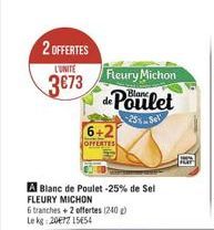 2 OFFERTES LUNITE  3€73  A Blanc de Poulet -25% de Sel FLEURY MICHON  6 tranches + 2 offertes (240 g) Le kg 207Z 15654  6+2  OFFERTES  Fleury Michon  de Poulet 
