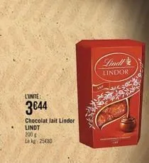 l'unite:  3€44  chocolat lait lindor lindt  200 g  le kg 25680  exp  lindl  lindor  lmsf  s  boy shadow  lat 