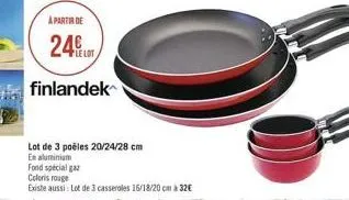 a partir de  24  finlandek  lot de 3 poêles 20/24/28 cm  en aluminium  fond special gaz  coloris rouge  existe aussi: lot de 3 casseroles 15/18/20 cm à 32€ 