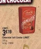 sinnel links  l'unite  3019  chocolat lait lindor lindt-200  lekg 23090 