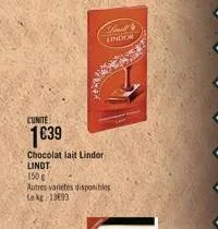 cunite  1039  chocolat lait lindor lindt  150 g  autres varietes disponibles leke 13893  stand lindor 
