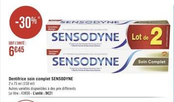 -30%  SOIT L'UNITE:  6€45  SENSODYNE  SENSODYNE Lot de 2  SENSODYNE  Dentifrice soin complet SENSODYNE 2x75 ml (150 ml)  Autres variétés disponibles à des prix différents Le litre: 43600-L'unité: 9€21