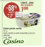 le  l'unité: 2€65 par 2 je cagnotte:  -68% 1680  canottes  casino  2 max  c  crème glacée vanille  521 g  autres variétés ou poids disponibles à des prix différents  lekg: 5609  casino 