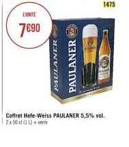 L'UNITE  7€90  PAULANER  PAULANER  1475  Coffret Hefe-Weiss PAULANER 5,5% vol. 2x 50 cl (1 L)+vere  O 