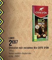 CÔTE D'OR  BIO  NOISETTES  TUNITE  2€67  Chocolat noir noisettes Bio COTE D'OR 150g Autres varietes disponibles Le kg 26667 