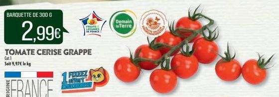 BARQUETTE DE 300 G  2,99€  TOMATE CERISE GRAPPE  Cat.1  Soit 9,97€ le kg  FIXEEZ PORT  FRUITS LEGUMES DE FRANCE  CELEBRNY  Demain Terre 